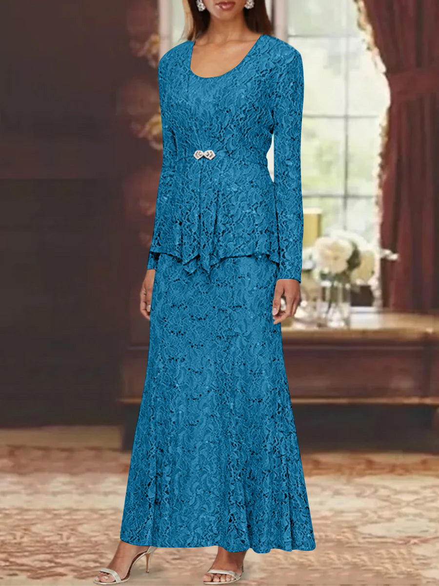 A Line Princess 2 Pieces Scoop Lace Mother Of The Bride Dresses With Jacket Long Sleeves Ankle Length