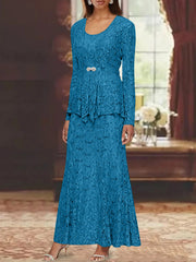 A Line Princess 2 Pieces Scoop Lace Mother Of The Bride Dresses With Jacket Long Sleeves Ankle Length