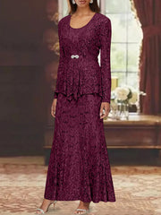 A Line Princess 2 Pieces Scoop Lace Mother Of The Bride Dresses With Jacket Long Sleeves Ankle Length