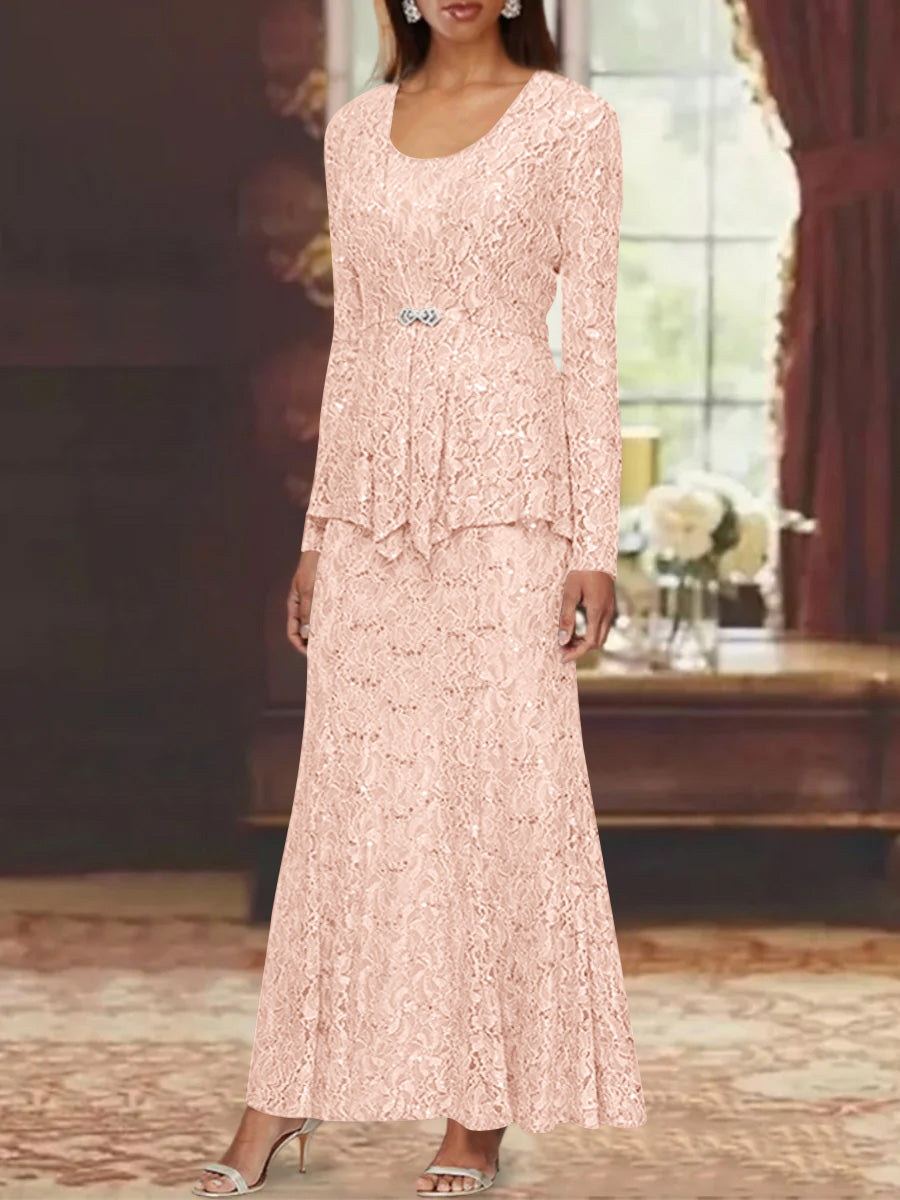 A Line Princess 2 Pieces Scoop Lace Mother Of The Bride Dresses With Jacket Long Sleeves Ankle Length