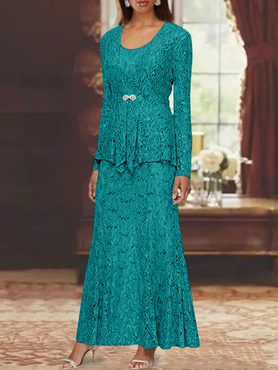 A Line Princess 2 Pieces Scoop Lace Mother Of The Bride Dresses With Jacket Long Sleeves Ankle Length