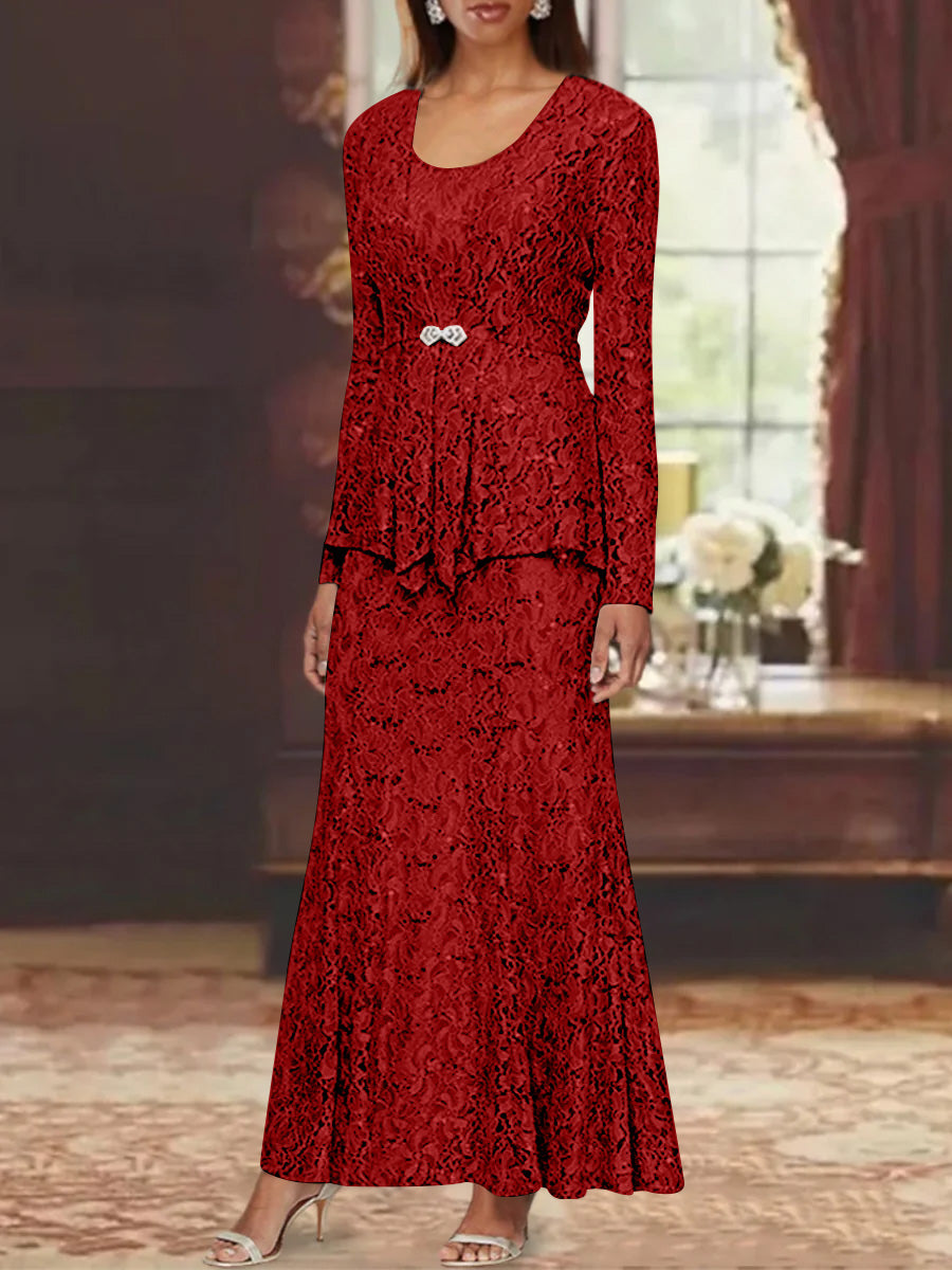 A Line Princess 2 Pieces Scoop Lace Mother Of The Bride Dresses With Jacket Long Sleeves Ankle Length