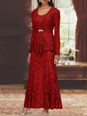 A Line Princess 2 Pieces Scoop Lace Mother Of The Bride Dresses With Jacket Long Sleeves Ankle Length