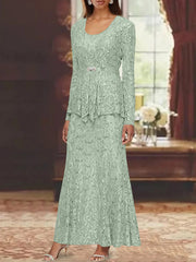 A-Line/Princess 2 Pieces Scoop Lace Mother of the Bride Dresses with Jacket Long Sleeves Ankle-Length