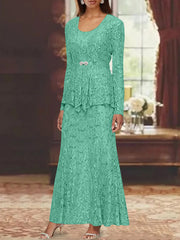 A Line Princess 2 Pieces Scoop Lace Mother Of The Bride Dresses With Jacket Long Sleeves Ankle Length