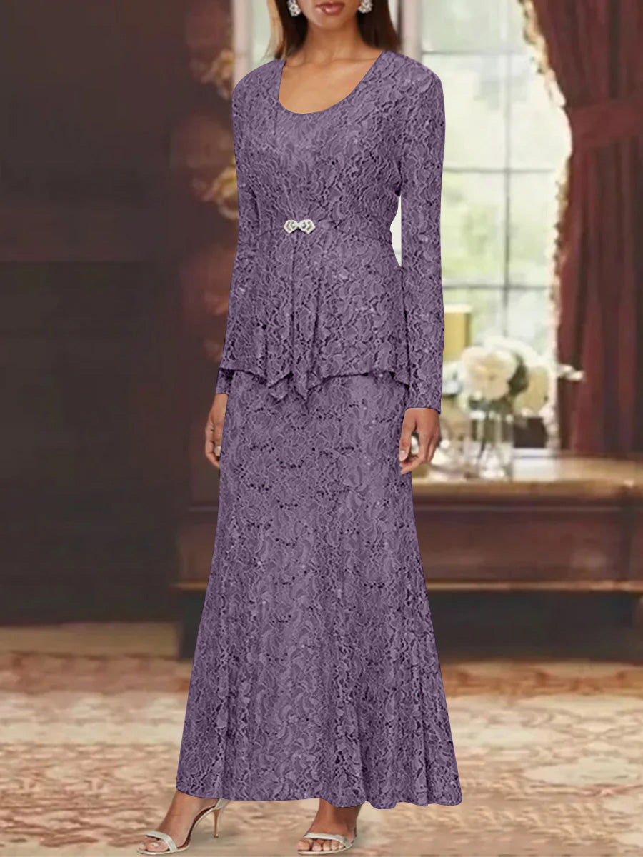 A Line Princess 2 Pieces Scoop Lace Mother Of The Bride Dresses With Jacket Long Sleeves Ankle Length