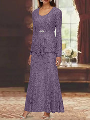 A Line Princess 2 Pieces Scoop Lace Mother Of The Bride Dresses With Jacket Long Sleeves Ankle Length