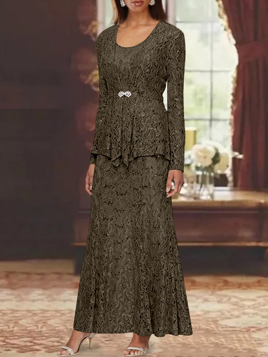 A Line Princess 2 Pieces Scoop Lace Mother Of The Bride Dresses With Jacket Long Sleeves Ankle Length