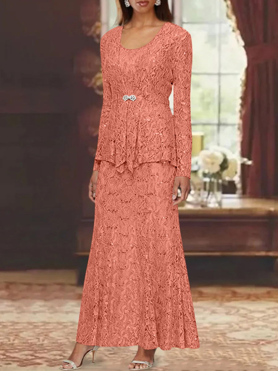 A Line Princess 2 Pieces Scoop Lace Mother Of The Bride Dresses With Jacket Long Sleeves Ankle Length