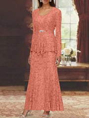 A Line Princess 2 Pieces Scoop Lace Mother Of The Bride Dresses With Jacket Long Sleeves Ankle Length