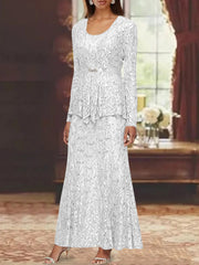 A Line Princess 2 Pieces Scoop Lace Mother Of The Bride Dresses With Jacket Long Sleeves Ankle Length