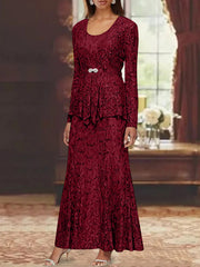 A Line Princess 2 Pieces Scoop Lace Mother Of The Bride Dresses With Jacket Long Sleeves Ankle Length