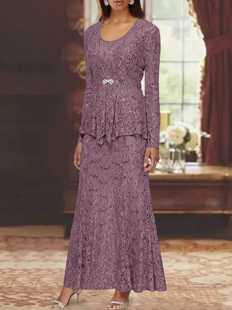 A Line Princess 2 Pieces Scoop Lace Mother Of The Bride Dresses With Jacket Long Sleeves Ankle Length
