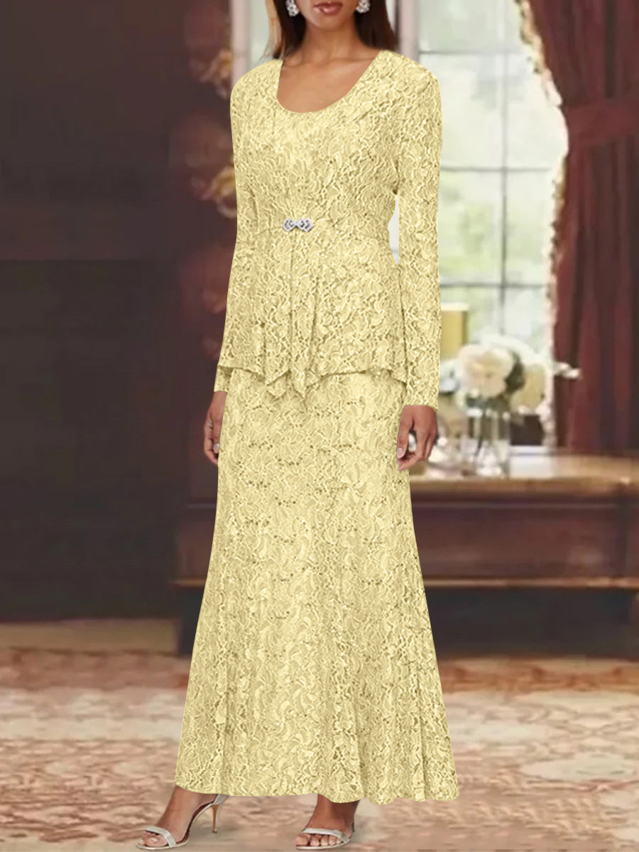 A Line Princess 2 Pieces Scoop Lace Mother Of The Bride Dresses With Jacket Long Sleeves Ankle Length