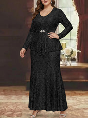 A Line Princess 2 Pieces Scoop Lace Plus Size Mother Of The Bride Dresses With Jacket Long Sleeves Ankle Length