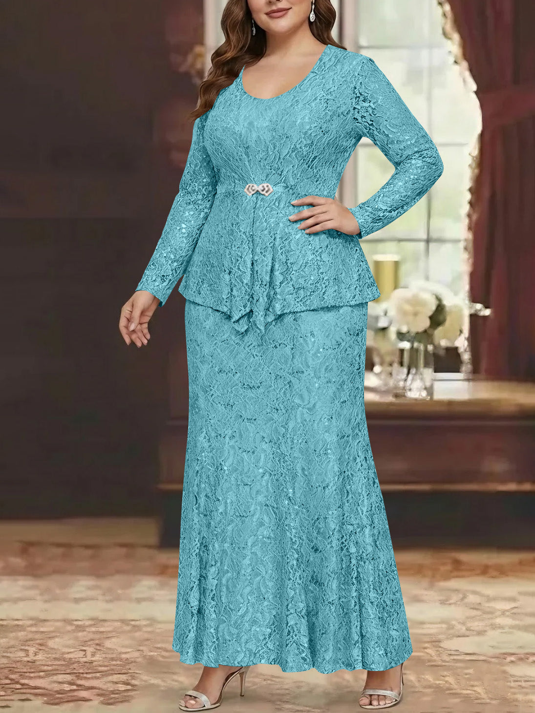 A Line Princess 2 Pieces Scoop Lace Plus Size Mother Of The Bride Dresses With Jacket Long Sleeves Ankle Length