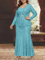 A-Line/Princess 2 Pieces Scoop Lace Plus Size Mother of the Bride Dresses with Jacket Long Sleeves Ankle-Length