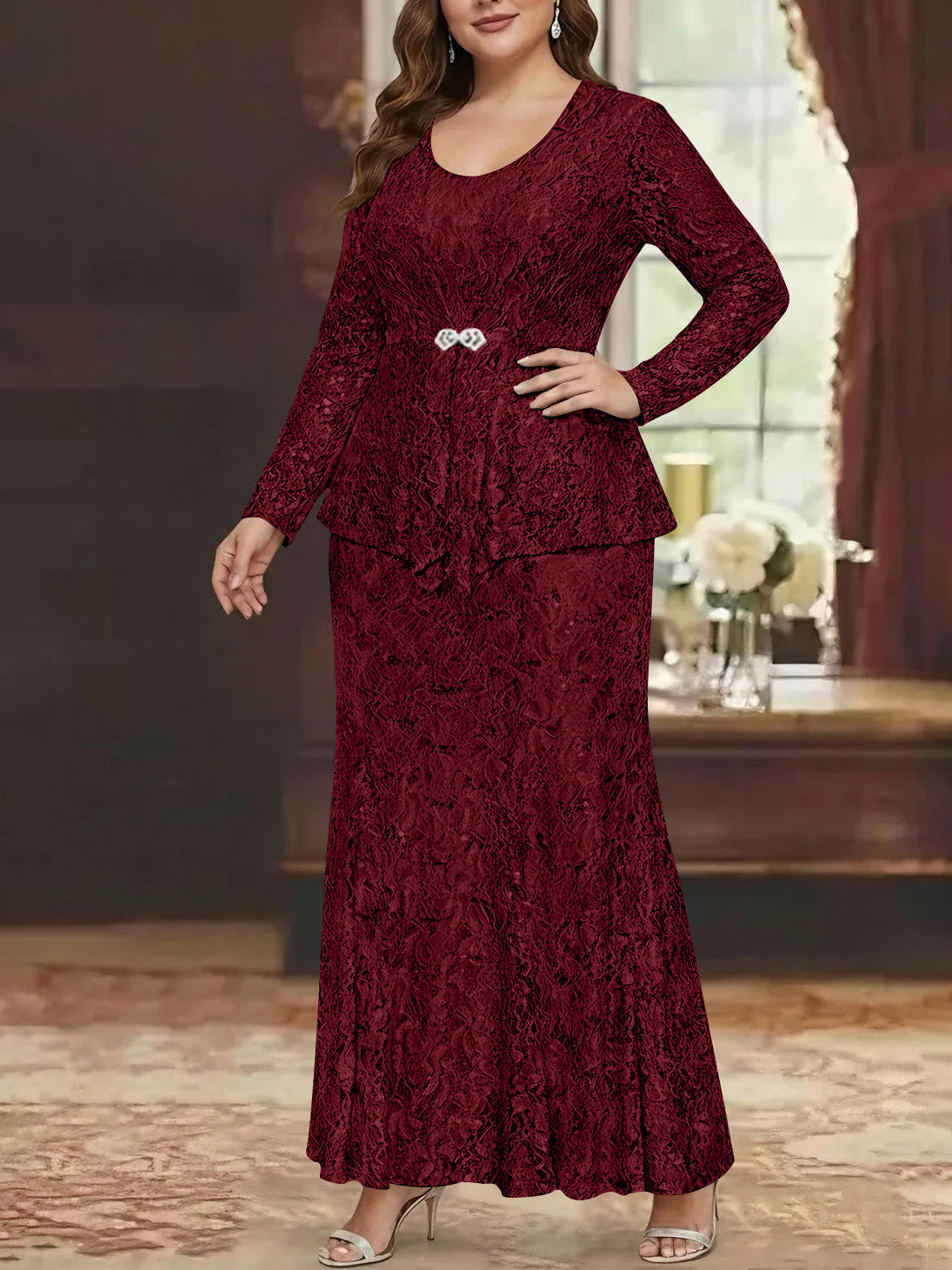 A Line Princess 2 Pieces Scoop Lace Plus Size Mother Of The Bride Dresses With Jacket Long Sleeves Ankle Length