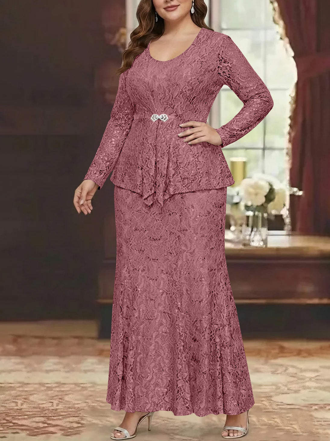 A Line Princess 2 Pieces Scoop Lace Plus Size Mother Of The Bride Dresses With Jacket Long Sleeves Ankle Length