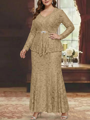 A-Line/Princess 2 Pieces Scoop Lace Plus Size Mother of the Bride Dresses with Jacket Long Sleeves Ankle-Length