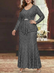 A Line Princess 2 Pieces Scoop Lace Plus Size Mother Of The Bride Dresses With Jacket Long Sleeves Ankle Length