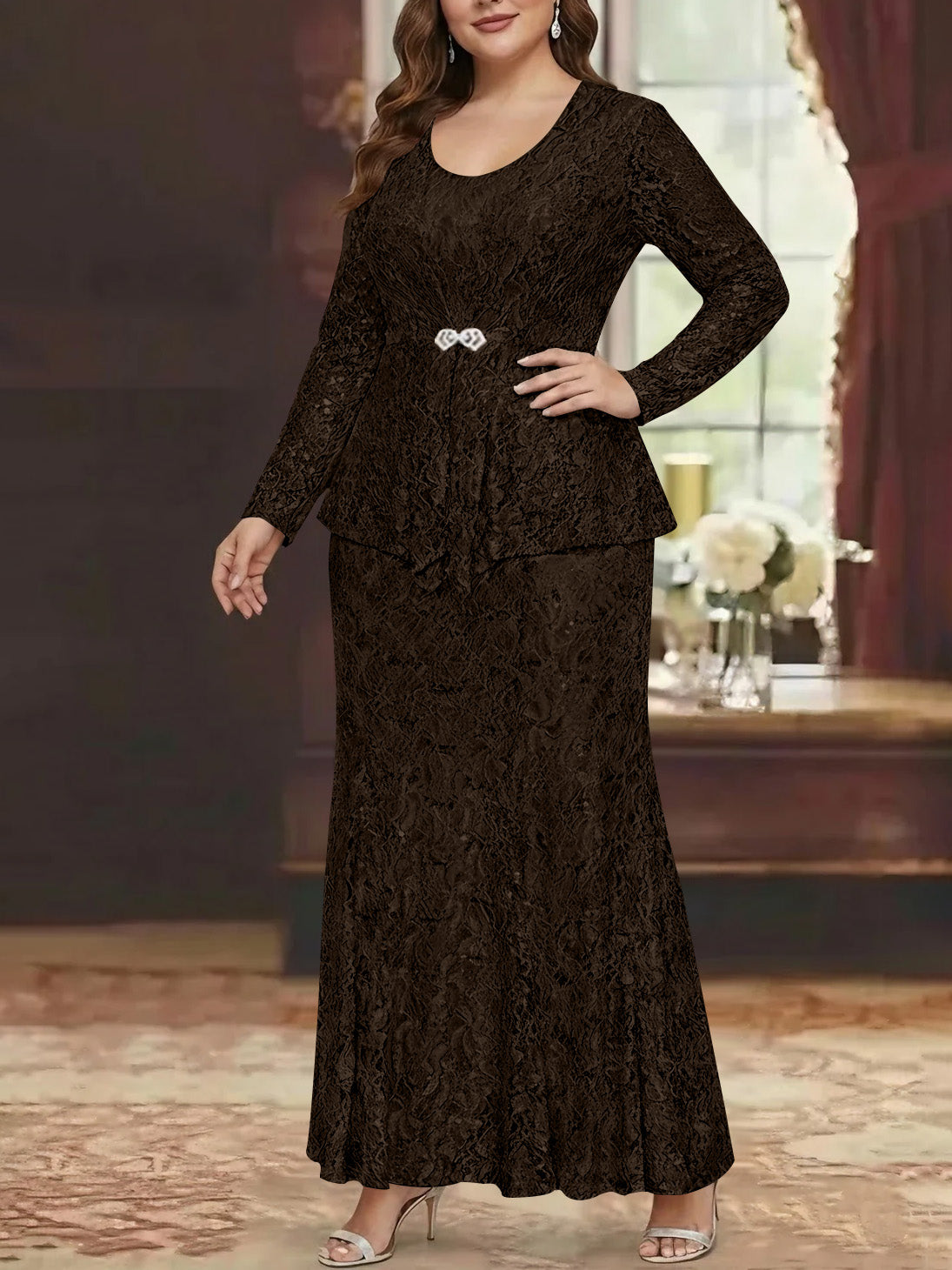 A Line Princess 2 Pieces Scoop Lace Plus Size Mother Of The Bride Dresses With Jacket Long Sleeves Ankle Length