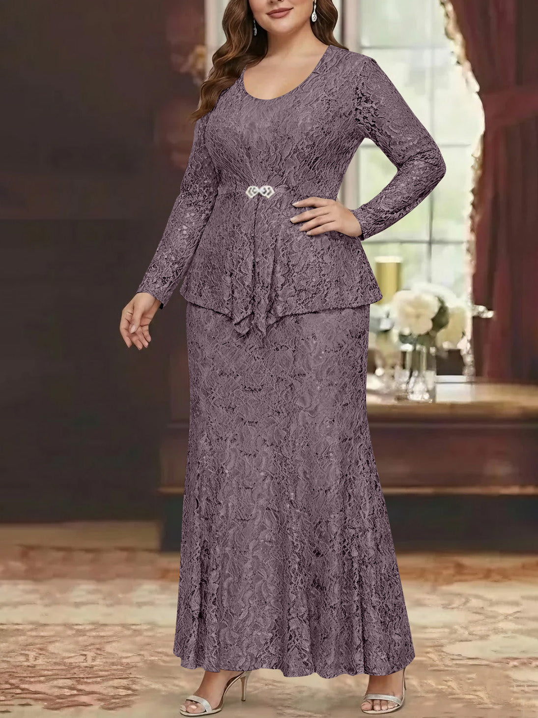 A Line Princess 2 Pieces Scoop Lace Plus Size Mother Of The Bride Dresses With Jacket Long Sleeves Ankle Length