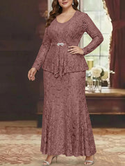 A Line Princess 2 Pieces Scoop Lace Plus Size Mother Of The Bride Dresses With Jacket Long Sleeves Ankle Length