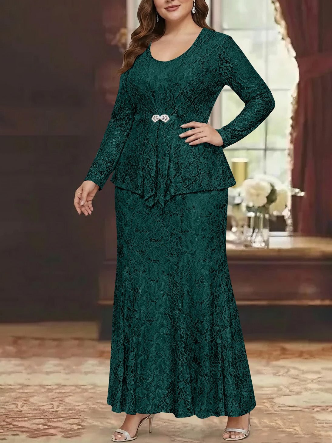 A Line Princess 2 Pieces Scoop Lace Plus Size Mother Of The Bride Dresses With Jacket Long Sleeves Ankle Length