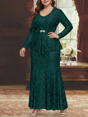 A Line Princess 2 Pieces Scoop Lace Plus Size Mother Of The Bride Dresses With Jacket Long Sleeves Ankle Length