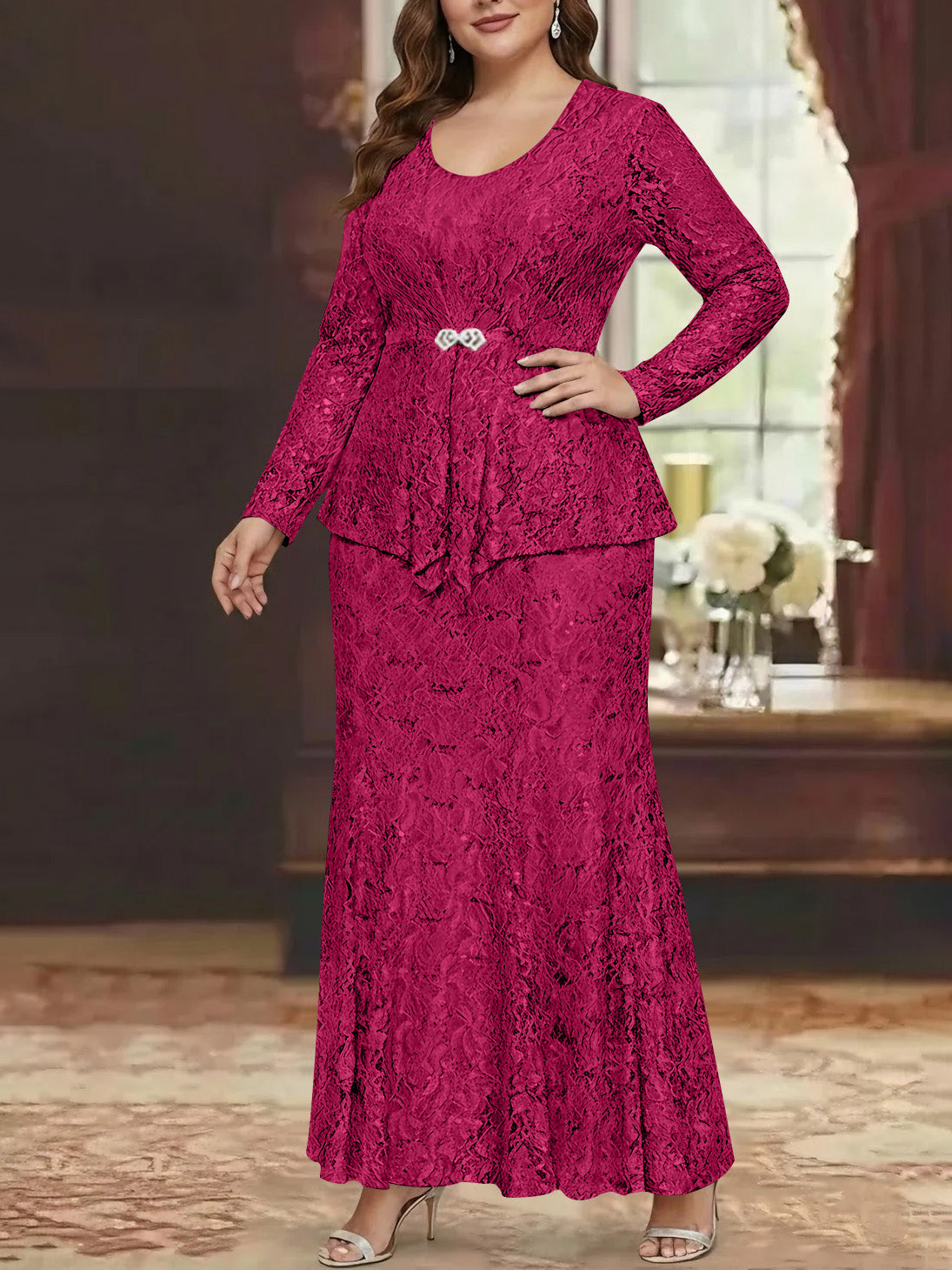 A Line Princess 2 Pieces Scoop Lace Plus Size Mother Of The Bride Dresses With Jacket Long Sleeves Ankle Length