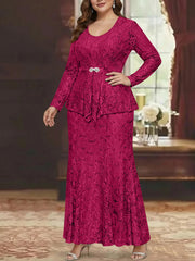 A Line Princess 2 Pieces Scoop Lace Plus Size Mother Of The Bride Dresses With Jacket Long Sleeves Ankle Length
