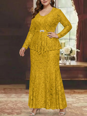 A-Line/Princess 2 Pieces Scoop Lace Plus Size Mother of the Bride Dresses with Jacket Long Sleeves Ankle-Length