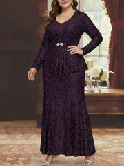 A Line Princess 2 Pieces Scoop Lace Plus Size Mother Of The Bride Dresses With Jacket Long Sleeves Ankle Length
