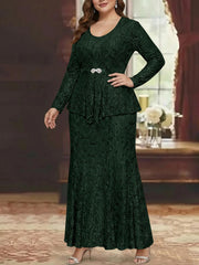 A Line Princess 2 Pieces Scoop Lace Plus Size Mother Of The Bride Dresses With Jacket Long Sleeves Ankle Length
