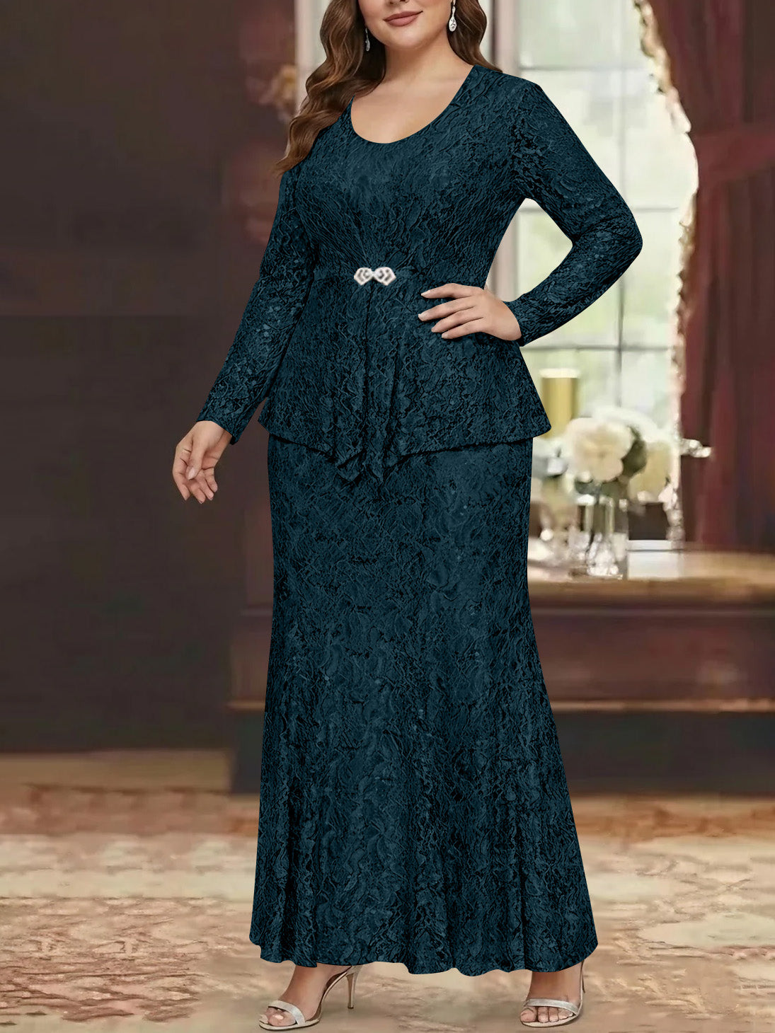 A Line Princess 2 Pieces Scoop Lace Plus Size Mother Of The Bride Dresses With Jacket Long Sleeves Ankle Length