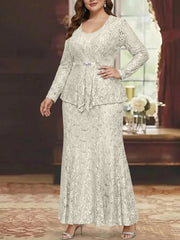 A Line Princess 2 Pieces Scoop Lace Plus Size Mother Of The Bride Dresses With Jacket Long Sleeves Ankle Length