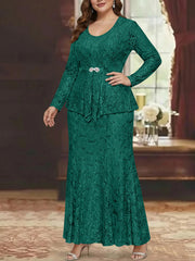 A Line Princess 2 Pieces Scoop Lace Plus Size Mother Of The Bride Dresses With Jacket Long Sleeves Ankle Length