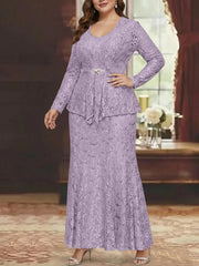A-Line/Princess 2 Pieces Scoop Lace Plus Size Mother of the Bride Dresses with Jacket Long Sleeves Ankle-Length