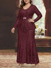A Line Princess 2 Pieces Scoop Lace Plus Size Mother Of The Bride Dresses With Jacket Long Sleeves Ankle Length