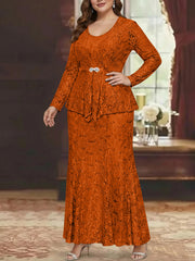 A Line Princess 2 Pieces Scoop Lace Plus Size Mother Of The Bride Dresses With Jacket Long Sleeves Ankle Length