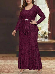 A Line Princess 2 Pieces Scoop Lace Plus Size Mother Of The Bride Dresses With Jacket Long Sleeves Ankle Length