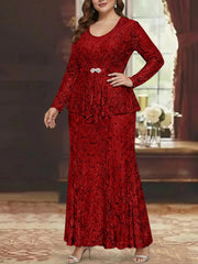 A Line Princess 2 Pieces Scoop Lace Plus Size Mother Of The Bride Dresses With Jacket Long Sleeves Ankle Length
