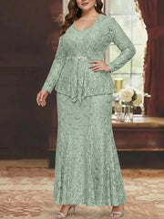 A Line Princess 2 Pieces Scoop Lace Plus Size Mother Of The Bride Dresses With Jacket Long Sleeves Ankle Length