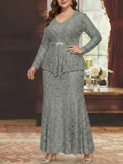 A Line Princess 2 Pieces Scoop Lace Plus Size Mother Of The Bride Dresses With Jacket Long Sleeves Ankle Length