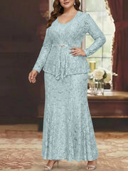 A Line Princess 2 Pieces Scoop Lace Plus Size Mother Of The Bride Dresses With Jacket Long Sleeves Ankle Length