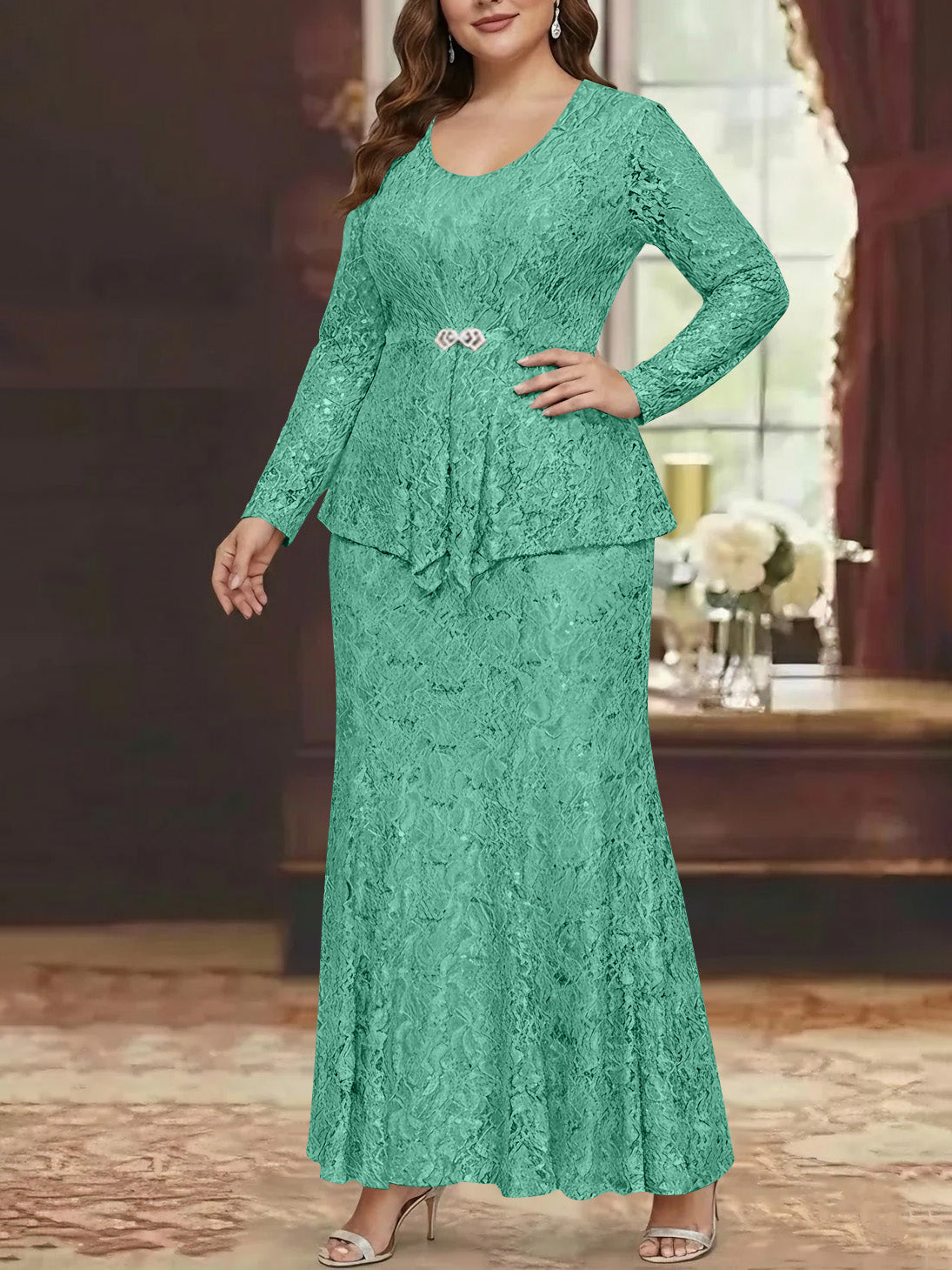 A Line Princess 2 Pieces Scoop Lace Plus Size Mother Of The Bride Dresses With Jacket Long Sleeves Ankle Length