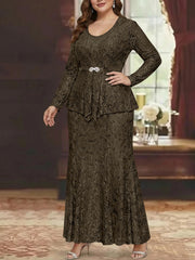 A-Line/Princess 2 Pieces Scoop Lace Plus Size Mother of the Bride Dresses with Jacket Long Sleeves Ankle-Length