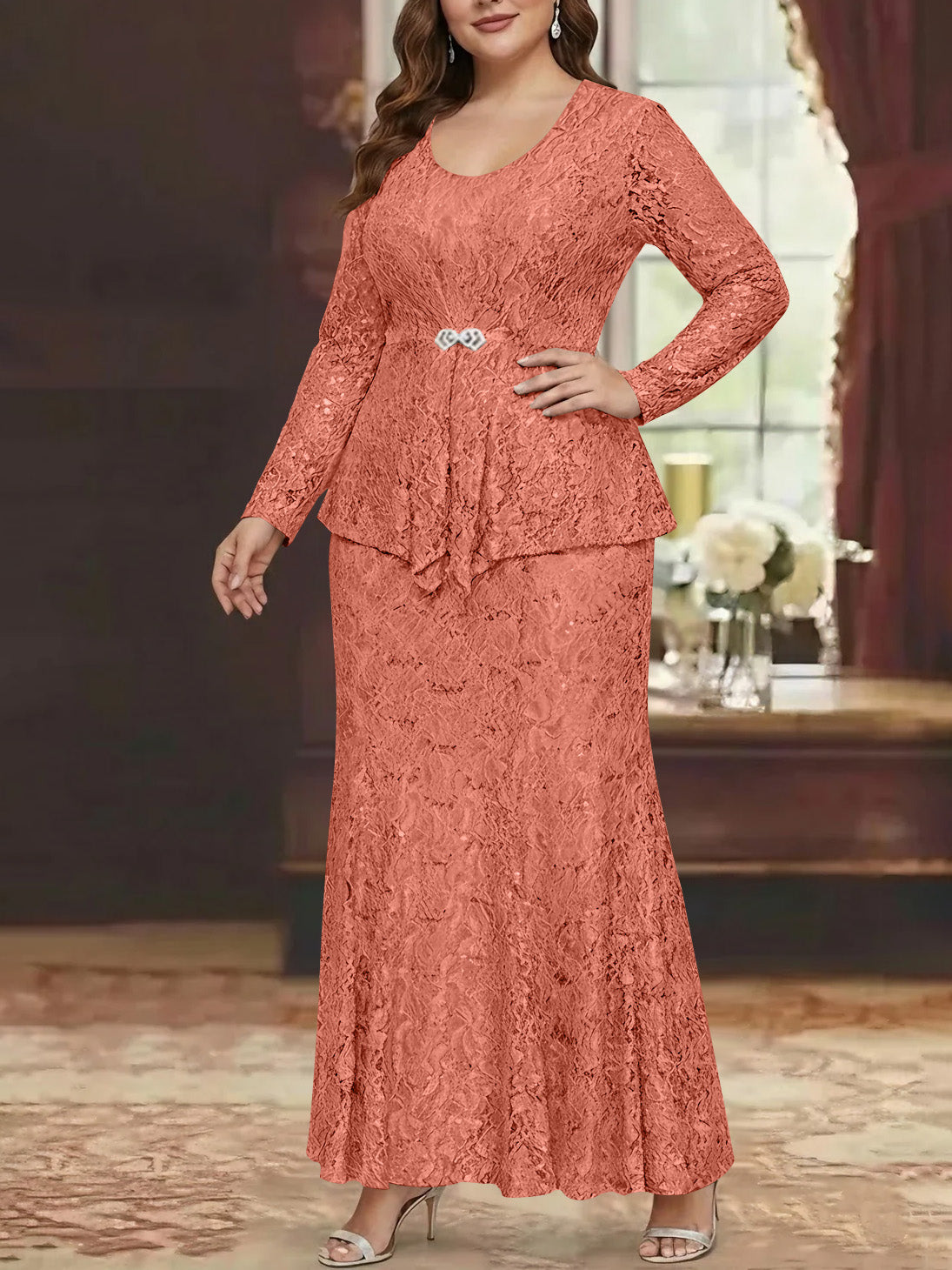 A Line Princess 2 Pieces Scoop Lace Plus Size Mother Of The Bride Dresses With Jacket Long Sleeves Ankle Length