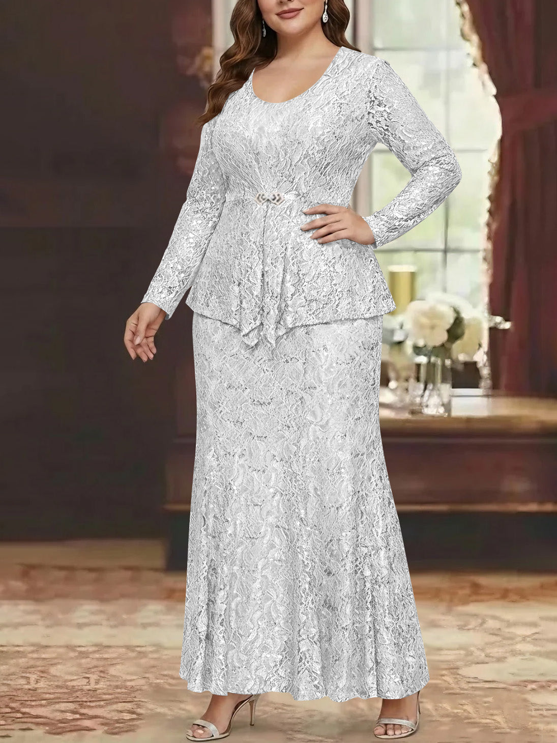 A Line Princess 2 Pieces Scoop Lace Plus Size Mother Of The Bride Dresses With Jacket Long Sleeves Ankle Length